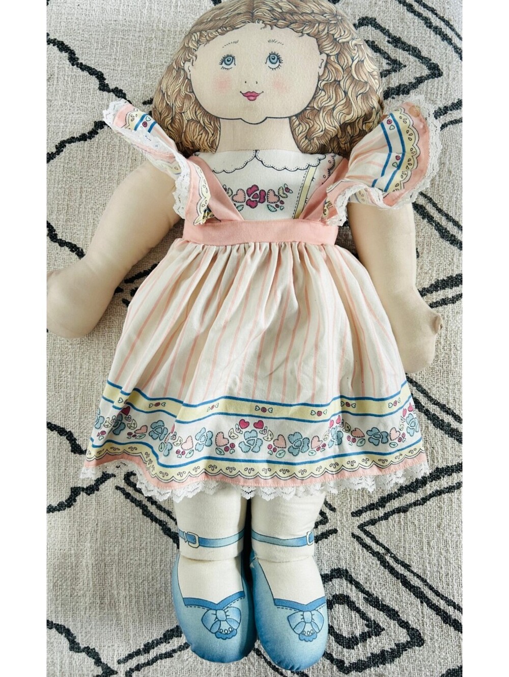 Vintage 80s Cut and Sew Fabric Rag Doll Pink Striped Dress Handmade Plush 22"